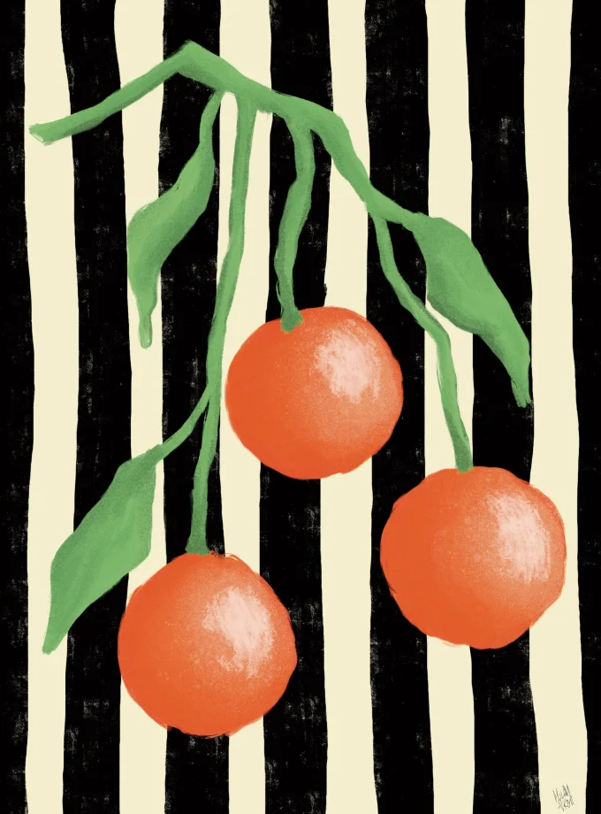 “Citrus Pop” art print by Spektaklet Studio – bold graphic design with three vibrant oranges on green stems against a striped background.