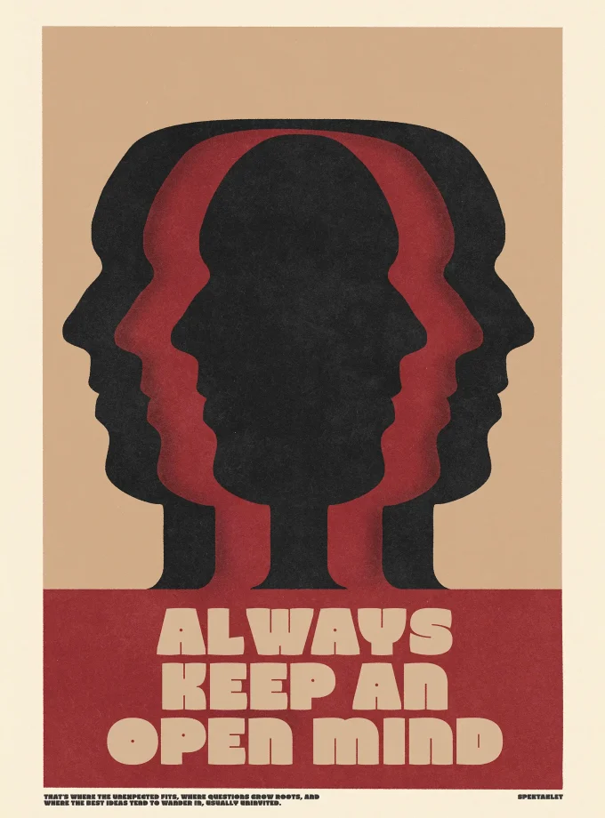 ”Always Keep an Open Mind” poster by Spektaklet Studio – featuring overlapping silhouettes in a bold retro design with red and black tones.