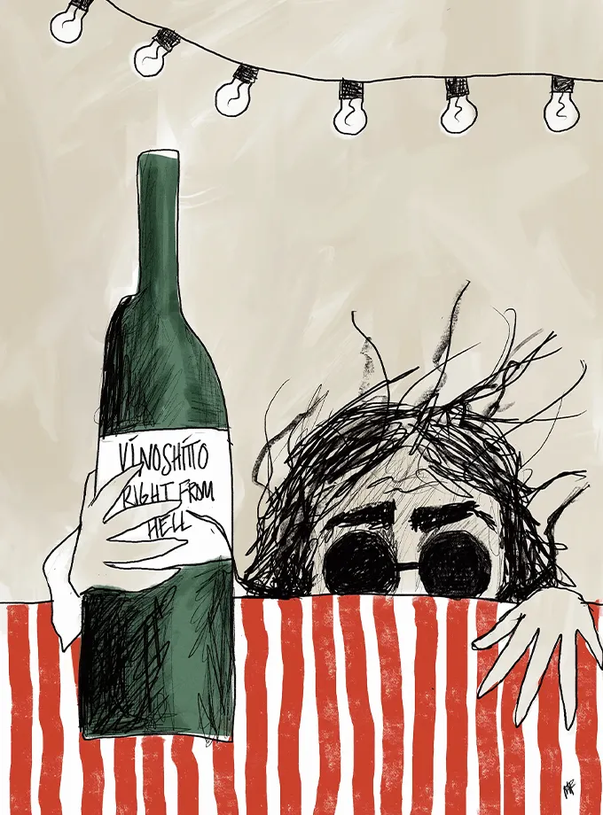 Playful wine-themed poster “Full Tanked Hank” by Spektaklet Studio – showing a character slumped over a table next to a green bottle with humorous label.