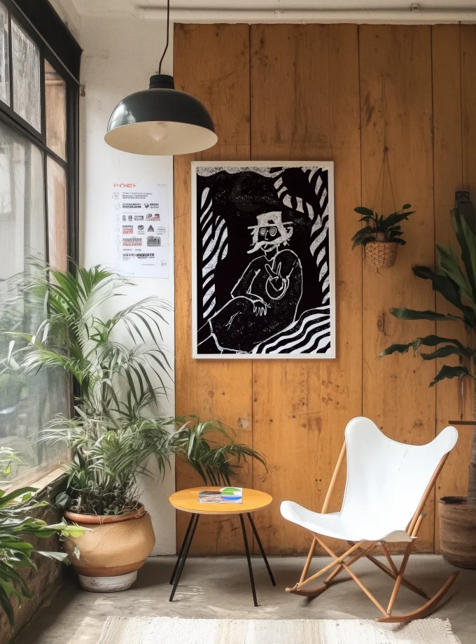 Art print “The Wise Man” by Spektaklet Studio – black and white illustration hanging in a Scandinavian-style interior with wood panel walls and indoor plants.