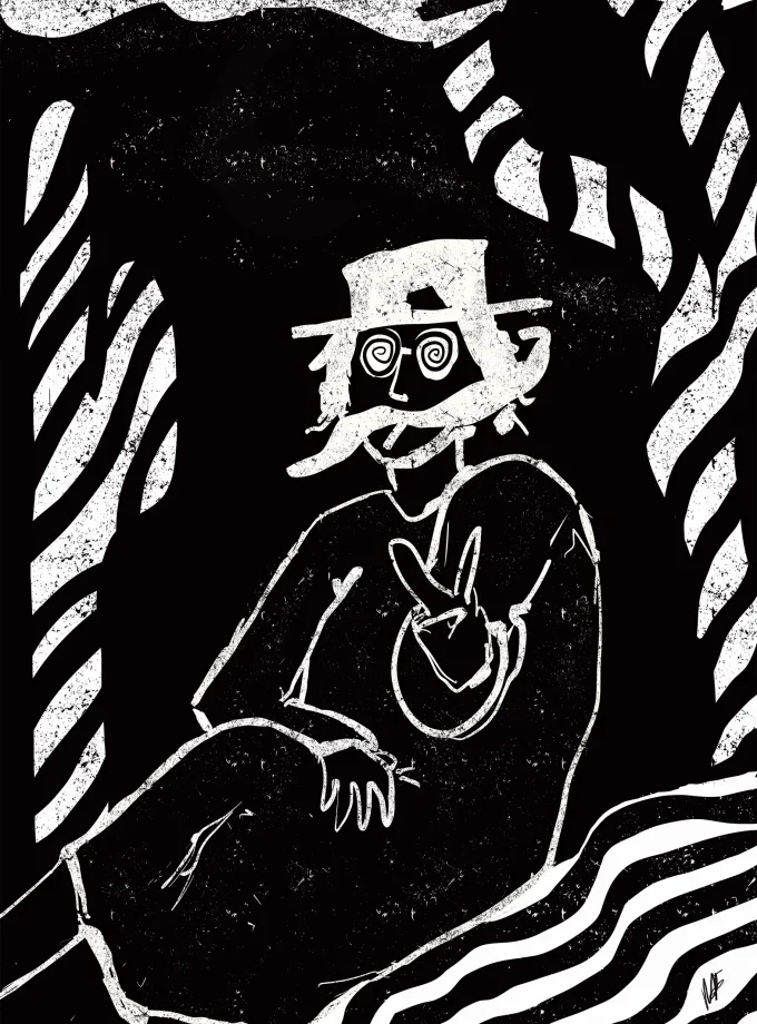 “The Wise Man” poster by Spektaklet Studio – black-and-white line drawing of a peace-sign figure with spiral glasses, surrounded by psychedelic wavy stripes.